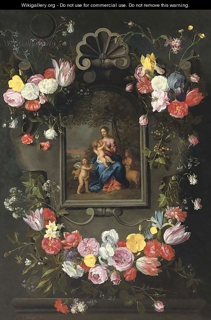 The Madonna and Child with Saint John the Baptist and an angel surrounded by a garland of mixed flowers - (after) Jan The Elder Brueghel