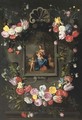 The Madonna and Child with Saint John the Baptist and an angel surrounded by a garland of mixed flowers - (after) Jan The Elder Brueghel