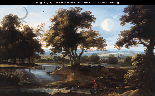 A sportsman shooting duck by a river, in summer - (after) Jan Baptist Wans
