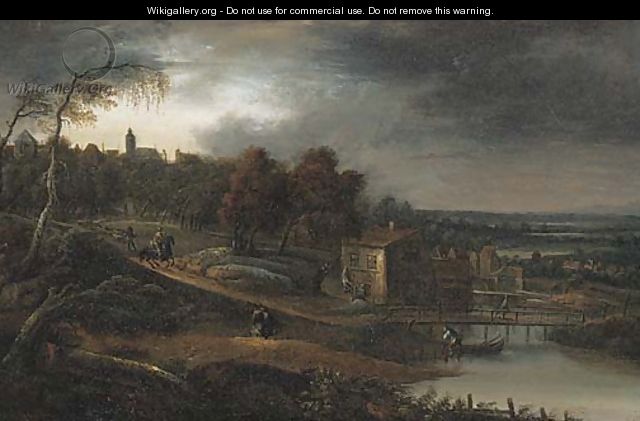 A river landscape with travellers near a town - (after) Jan Baptist Van Der Meiren