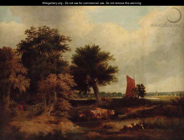 Cattle watering in a wooded landscape, with a wherry near Norwich - (after) James Stark