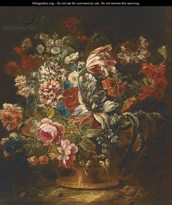 Roses, carnations, a parrot tulip and other mixed flowers in a vase - (after) Jean-Baptiste Morel
