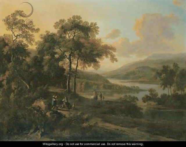 An Italianate river landscape with an elegant couple listening to a piper, travellers beyond - (after) Jan Wynants