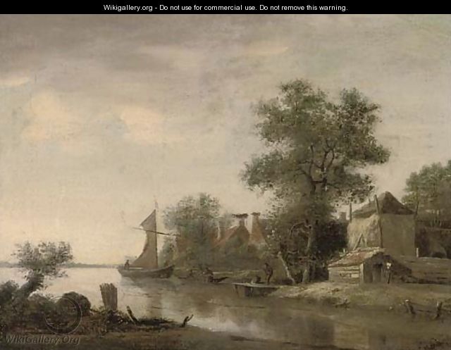 A landscape with houses by a river and figures in boats - (after) Jan Wils
