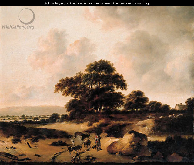 A cowherd leading cattle on a sandy track in the dunes - (after) Jan Wijnants