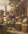 An elegant woman by a fruit and vegetable stall in a town square - (after) Jan Victors