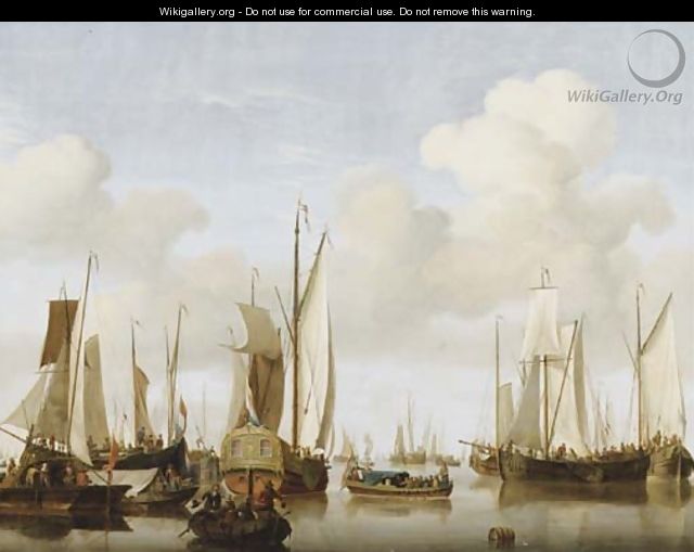 A calm with merchants in a rowing boat in the foreground before a States Yacht, numerous other saiiling boats nearby - (after) Jan Van Os