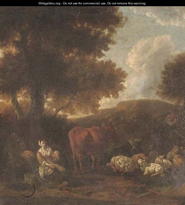 A wooded landscape with herdsmen and cattle resting - (after) Jan Van Der Bent