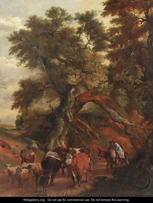 Peasants with cattle and flock returning from market on a country road - (after) Jan Siberechts