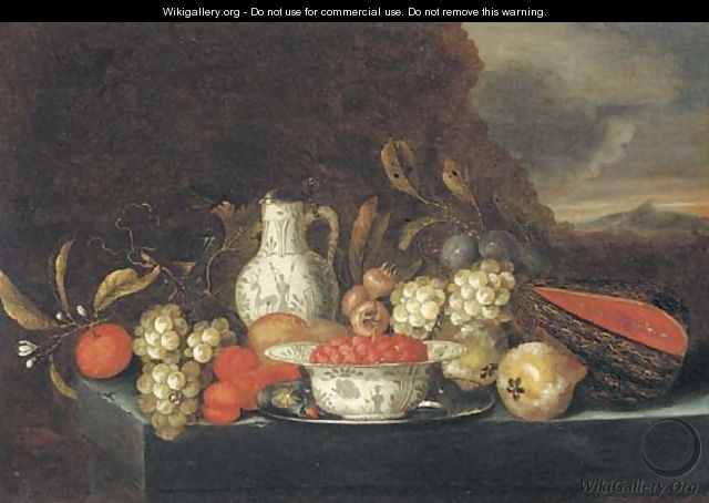 Grapes, plums, figs, pears, peaches, oranges, a melon, a kraak porcelain bow - (after) Jan Pauwel The Elder Gillemans