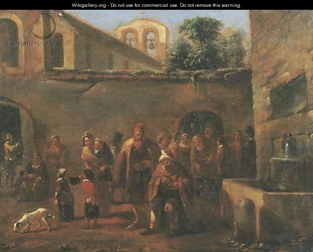 The courtyard of a monastery with monks feeding the poor by a fountain - (after) Jan Miel