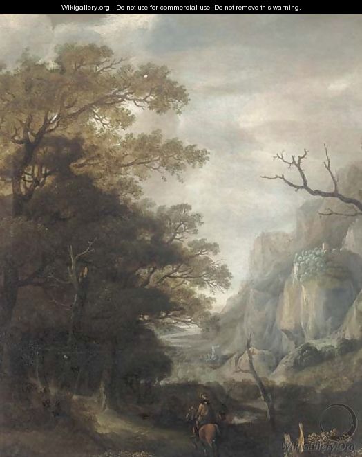 A mountainous landscape with a horseman on a wooded track - (after) Jan Looten