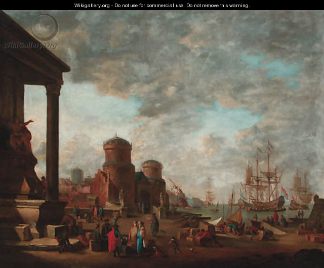A Mediterranean harbour with moored men-