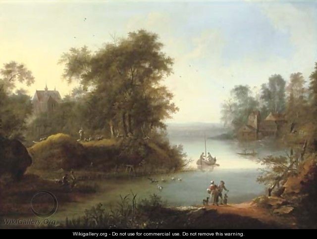 A wooded landscape with fishermen on the banks of a river, a church and watermill beyond - (after) Johann Christian Vollerdt Or Vollaert