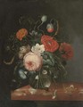 A rose, a peony, a carnation, convolvulus and other flowers in a glass vase - (after) Johann Adalbert Angermayer