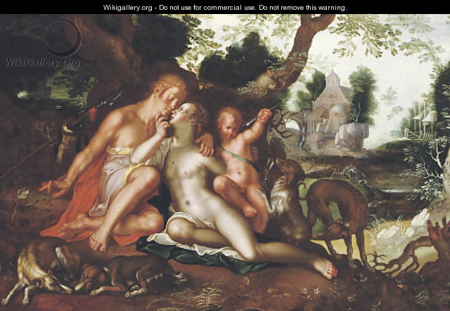 Venus and Adonis in a landscape with Cupid by their side - (after) Joachim Wtewael