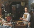A kitchen interior with a maid and a child peeling apples - (after) Jeremias Van Winghen Or Wingen