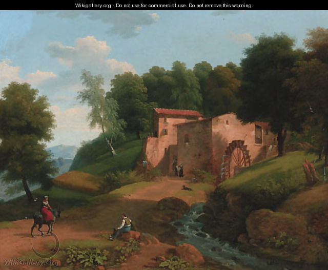 A watermill in a wooded landscape - (after) Jean-Victor Bertin