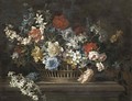 Peonies, narcissi, daffodils and other flowers in a basket on a stone ledge - (after) Jean-Baptiste Monnoyer