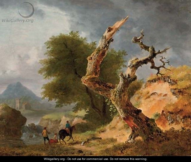 A mountainous landscape with figures by a stream near a dead tree - (after) Jean Louis Demarne, Called Demarnette