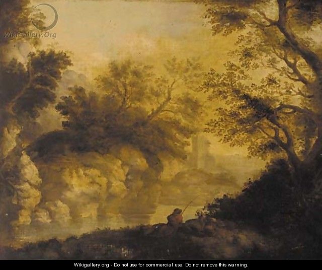 An angler in a wooded river landscape, a ruined castle beyond - (after) John Butts