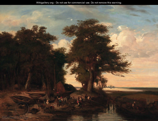 Fishermen on the bank of a river in a wooded landscape - (after) John Berney Crome