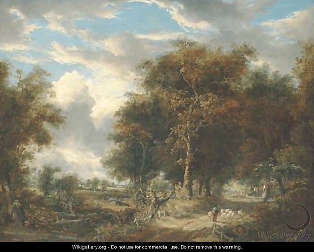 A wooded landscape with a shepherd and sheep on a path - (after) John Berney Crome
