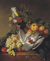 Poultry, fruit and flowers on a ledge - (after) Johannes Reekers