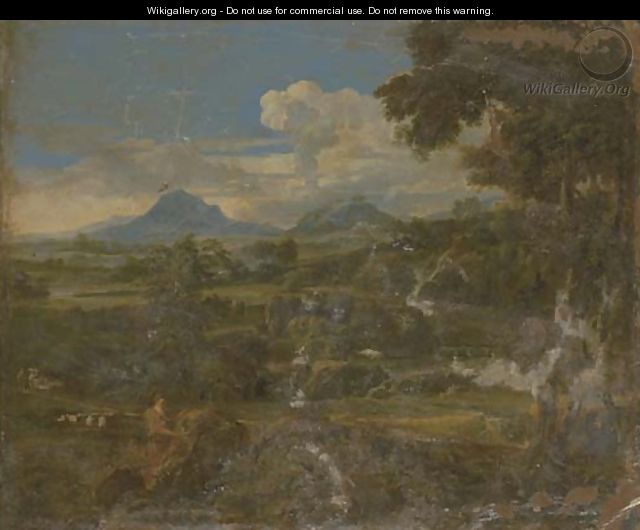 A classical landscape with a figure by a rock - (after) Johannes (Polidoro) Glauber