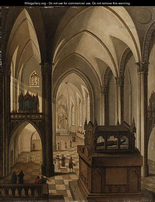 Interior of a Gothic Cathedral with elegant Figures walking in the Nave before a Tomb - (after) Johann Jakob Hoch