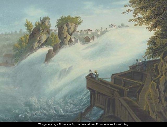 Figures observing a waterfall, thought to be at Schaffhausen on the Rhine - (after) Johann Heinrich (II) Bleuler: