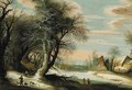 A winter landscape with a barn and travellers passing through, a city beyond - (after) Gijsbrecht Leytens