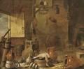 Earthenware, a drake and vegetables in a barn, with a woman cooking at a fire - (after) Govert Dircksz. Camphuysen