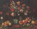 Carnations, tulips, roses, narcissi and other flowers in a dish on a ledge with pomegranates, cherries and nuts below - (after) Giuseppe Recco