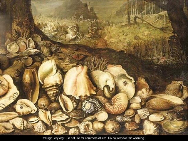 The Maritime Realm a still life of shells on a shore, the Triumph of Neptune beyond - (after) Hieronymus II Francken