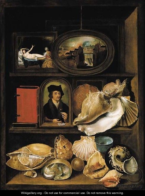 A still life of shells, paintings and books on recessed shelves - (after) Hieronymus II Francken