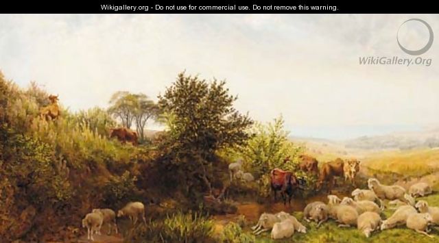 Sheep and cattle in a sunlit coastal landscape - (after) Henry William Banks Davis