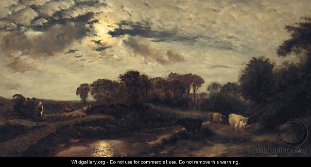 Cattle in a moonlit River Landscape - (after) Henry William Banks Davis