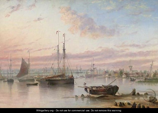 Shipping in the harbour at dusk - (after) Henry Redmore