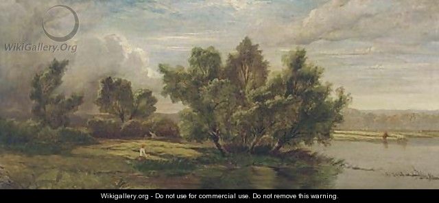 Anglers on a tranquil stretch of the river - (after) Henry John Boddington
