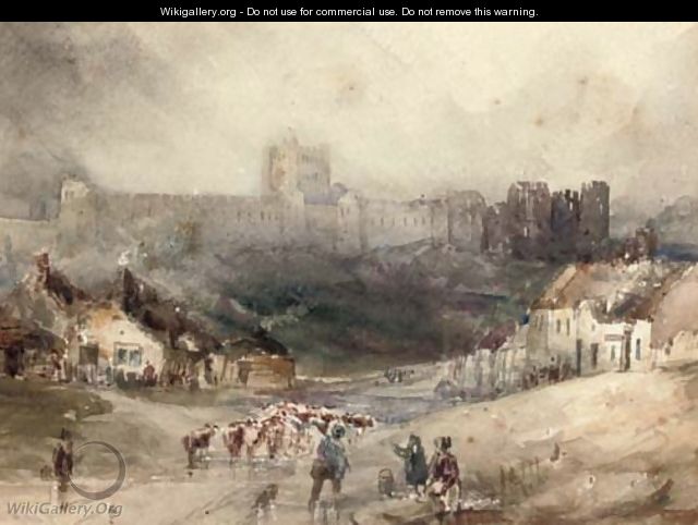 Droving cattle below Richmond Castle, Yorkshire - (after) Henry Barlow Carter