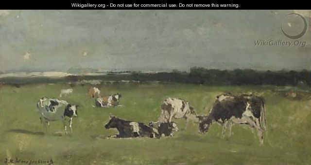 In de weide cows in a polder landscape - a study - (after) Johan Hendrik Weissenbruch