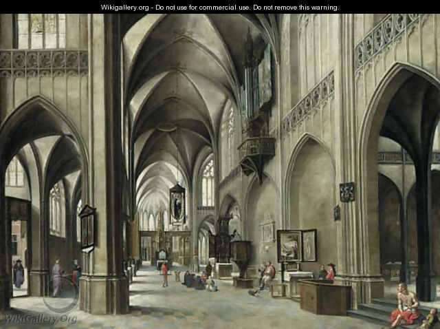 The interior of a Gothic church with a friar preaching from a pulpit - (after) Hendrick Van Steenwijck II