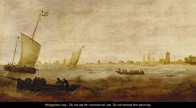 Sailors in a rowing boat with smalschips off a coastline - (after) Hendrik Van Anthonissen