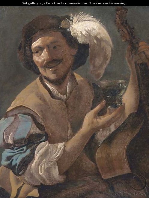 A laughing bravo with a bass viol and a roemer - (after) Hendrick Terbrugghen
