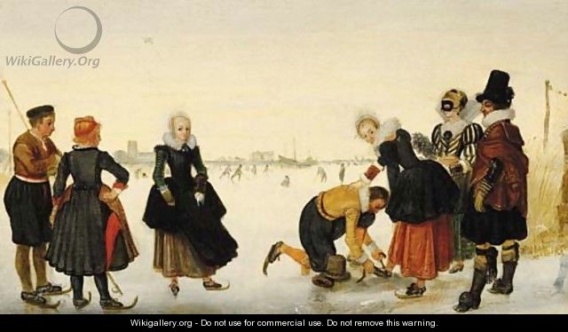 Elegant ladies and gentlemen taking to the ice on a frozen river with skaters and a town beyond - (after) Hendrick Avercamp