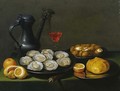 Oysters, walnuts and a bun on a pewter dish - (after) Jacob Foppens Van Es: