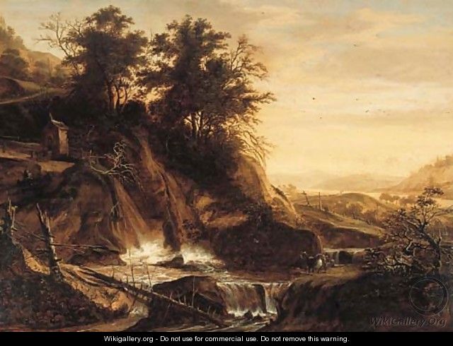 Fallen trees by a waterfall in a mountainous landscape - (after) Jacob De Villeers
