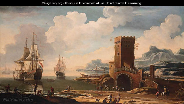 A Mediterranean harbour with a Dutch squadron off the coast and fisherfolk on the shore by a castellated tower - (after) Jacob De Heusch