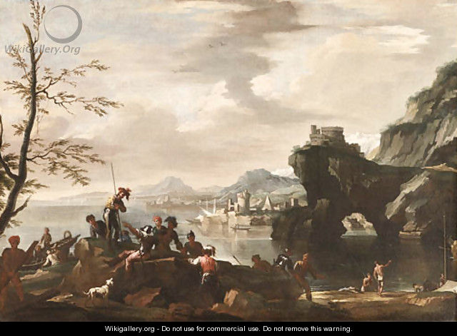 A Mediterranean coastal Landscape with Banditti in the foreground - (after) Jacob De Heusch
